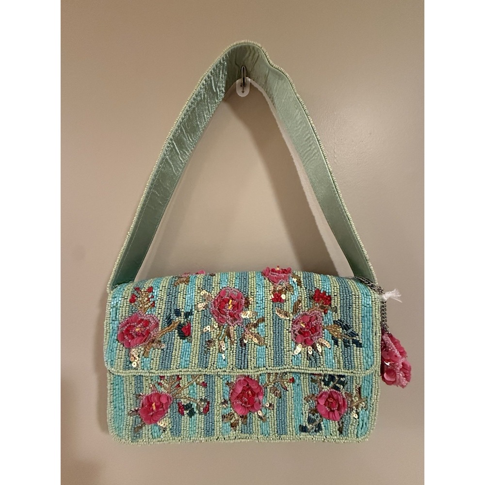 NEW Pink Roses Beaded Bag With Green & Yellow Stripes and Matching Charm